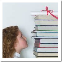 A girl and a stack of books