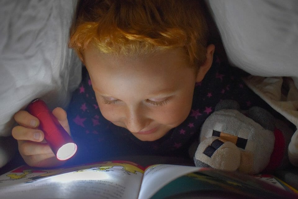 Boy reading with flashlight under the blanket