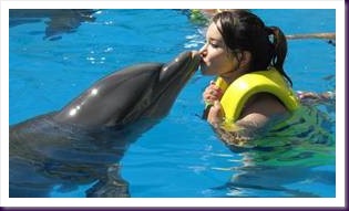 Girl kissing a dolphin