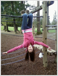 Hanging upside down from monkey bars