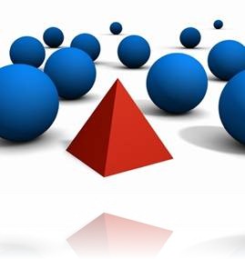 Red pyramid among blue balls