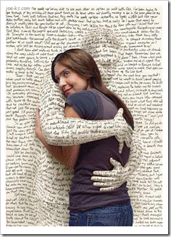 Man made of wrods hugging woman
