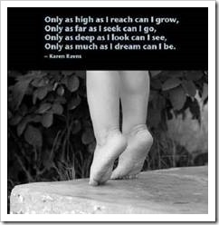 Only as high as I reach can I grow, only as far as I seek can I go, only as deep as I look can I see, only as much as I dream can I be. Karen Ravens