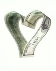 Two American dollar bills forming a heart shape