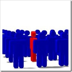 Group of blue men and one red man