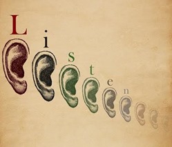 A row of ears with the word Listen