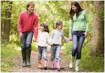 Family walking through forest in gumboots