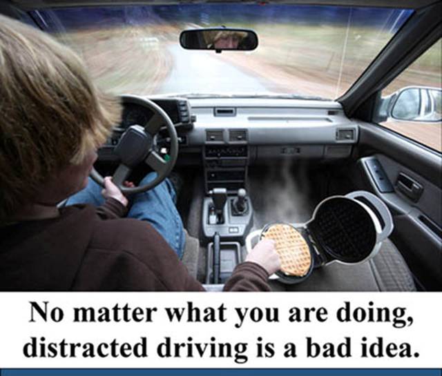 Driver making a waffle - No matter what you are doing, distracted driving is a bad idea