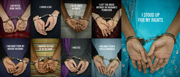 Women's hands in handcuffs with offences like "I stood up for my rights"