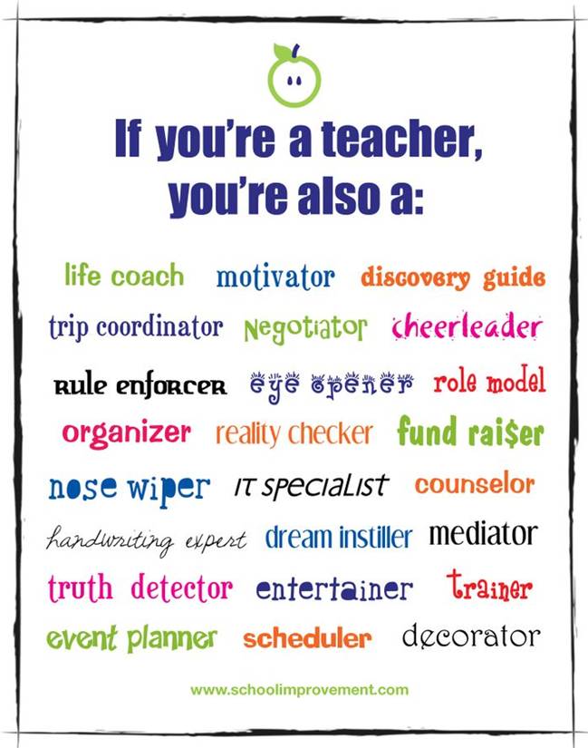 If you are a teacher, you are also a life coach, motivator, discovery guide, trip coordinator, negotiatior, cheerleader, rule enforcer and more