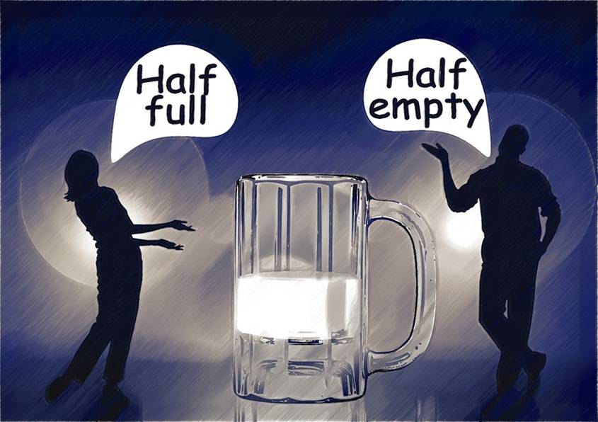 Glass half full and couple arguing about it