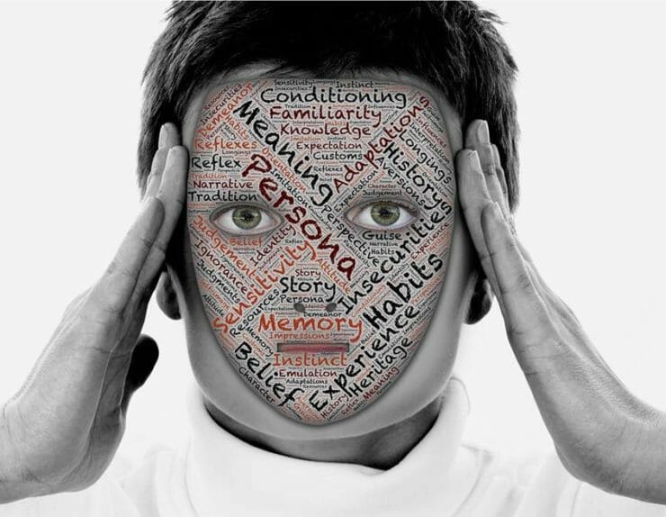 Man covering his face with a mask showing words like meaning, persona, memory, conditioning, etc
