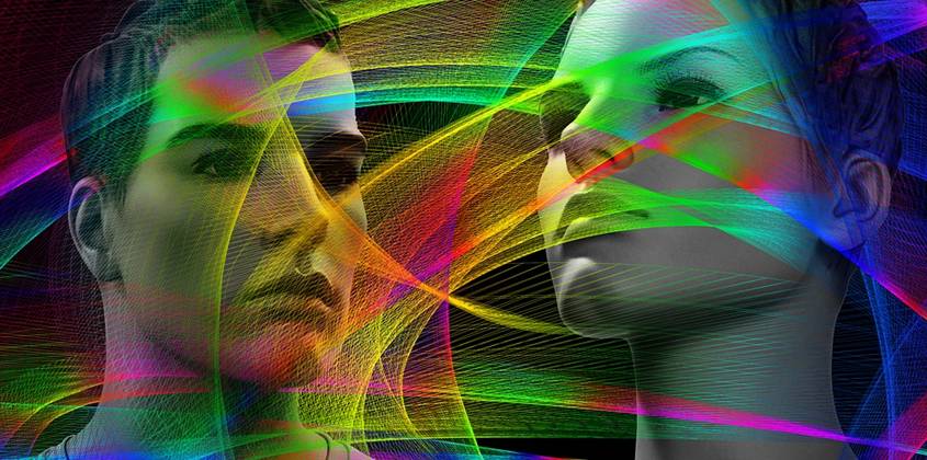 Man and woman with colorful thoughts swirling around their heads