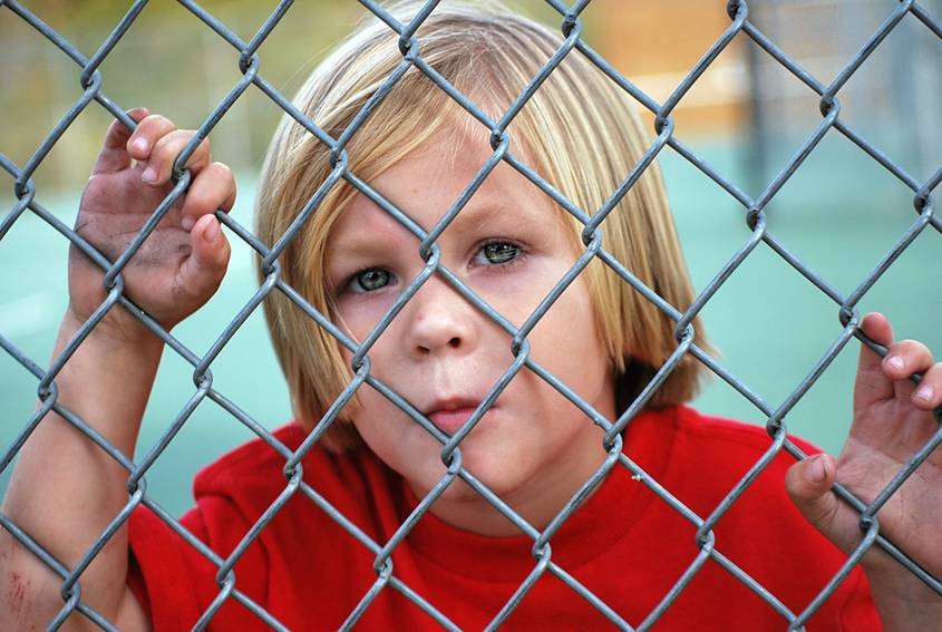 Boy looking through a fence