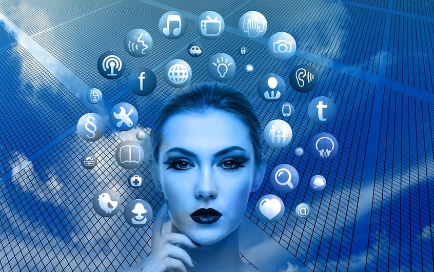 Woman's head surrounded by web icons