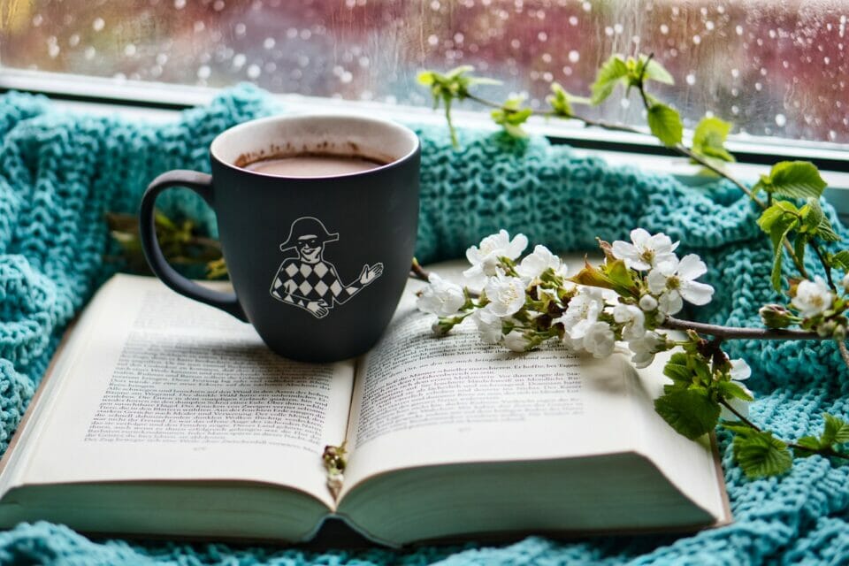 Hot chocolate on a book by the window