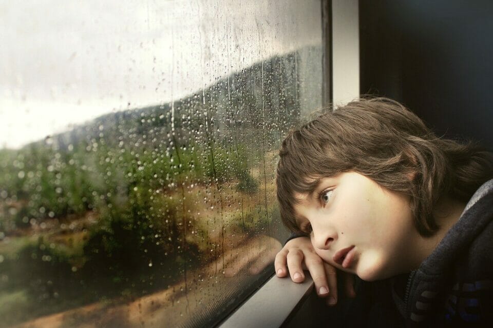 Boy looking out of train window