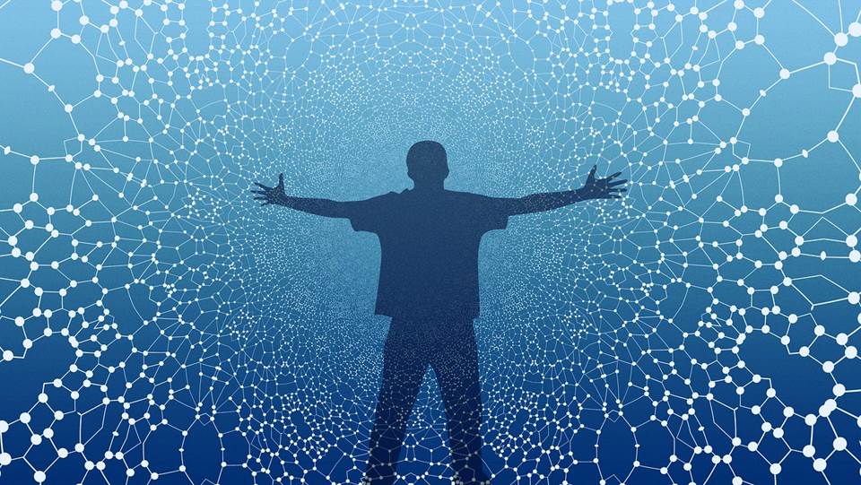 Virtual hugging: man holding out his arms against a web of dots