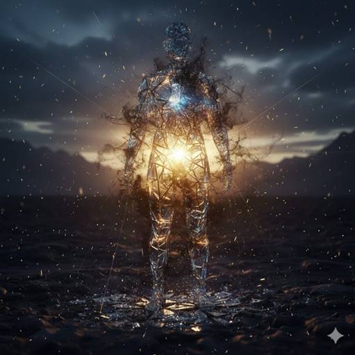 A transparent person shining light from within, symbolizing embracing darkness to see the light