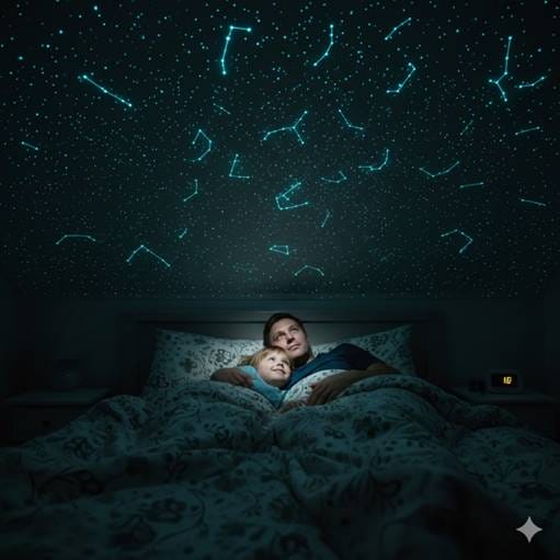 Parent and child lying under glow-in-the-dark stars, embracing darkness together.