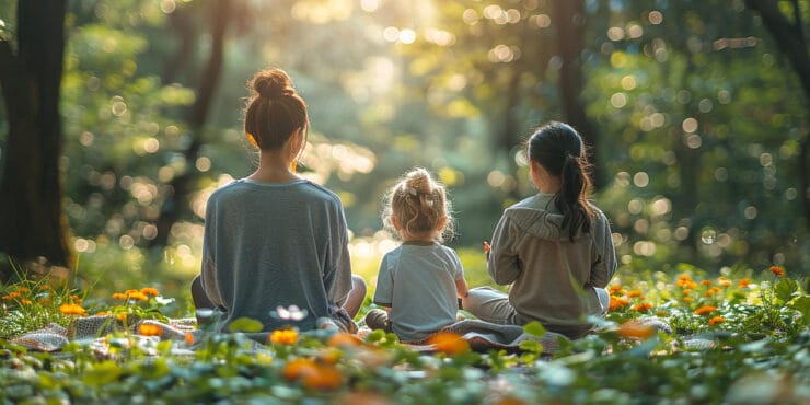 Mother and children in a forest - experiencing how silence affects the brain