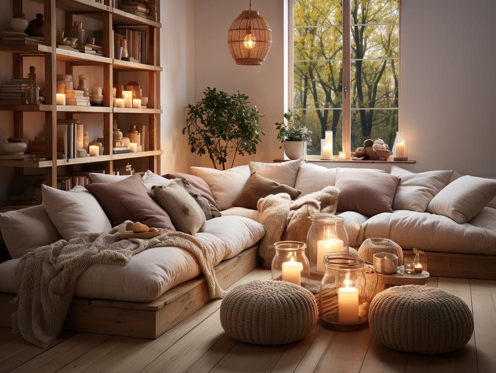 Peaceful living room space set up for a home silence retreat